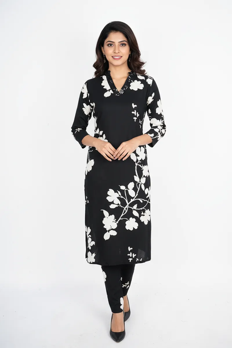 Rayon Floral Printed Kurti with Pant Set for Women CLW00210BLAL