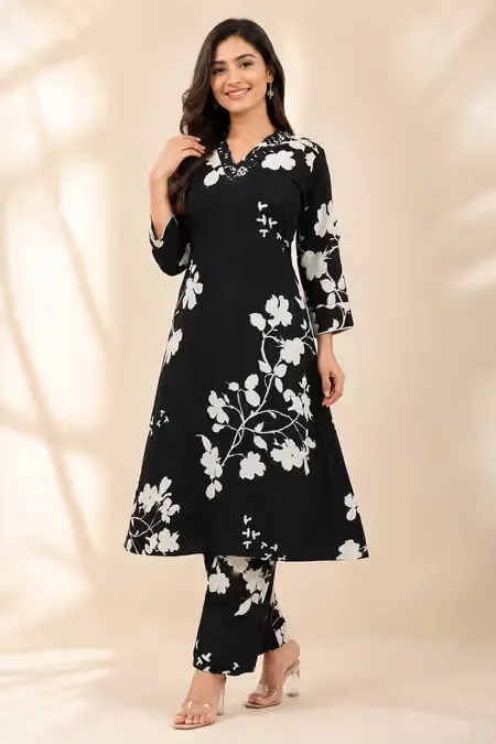 Rayon Floral Printed Kurti with Pant Set for Women CLW00210BLAL