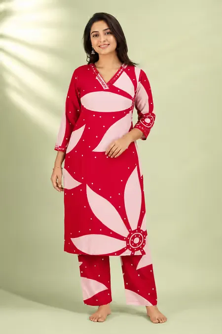 Rayon Printed Kurti with Pant Set for Women CLW00212PINXXL