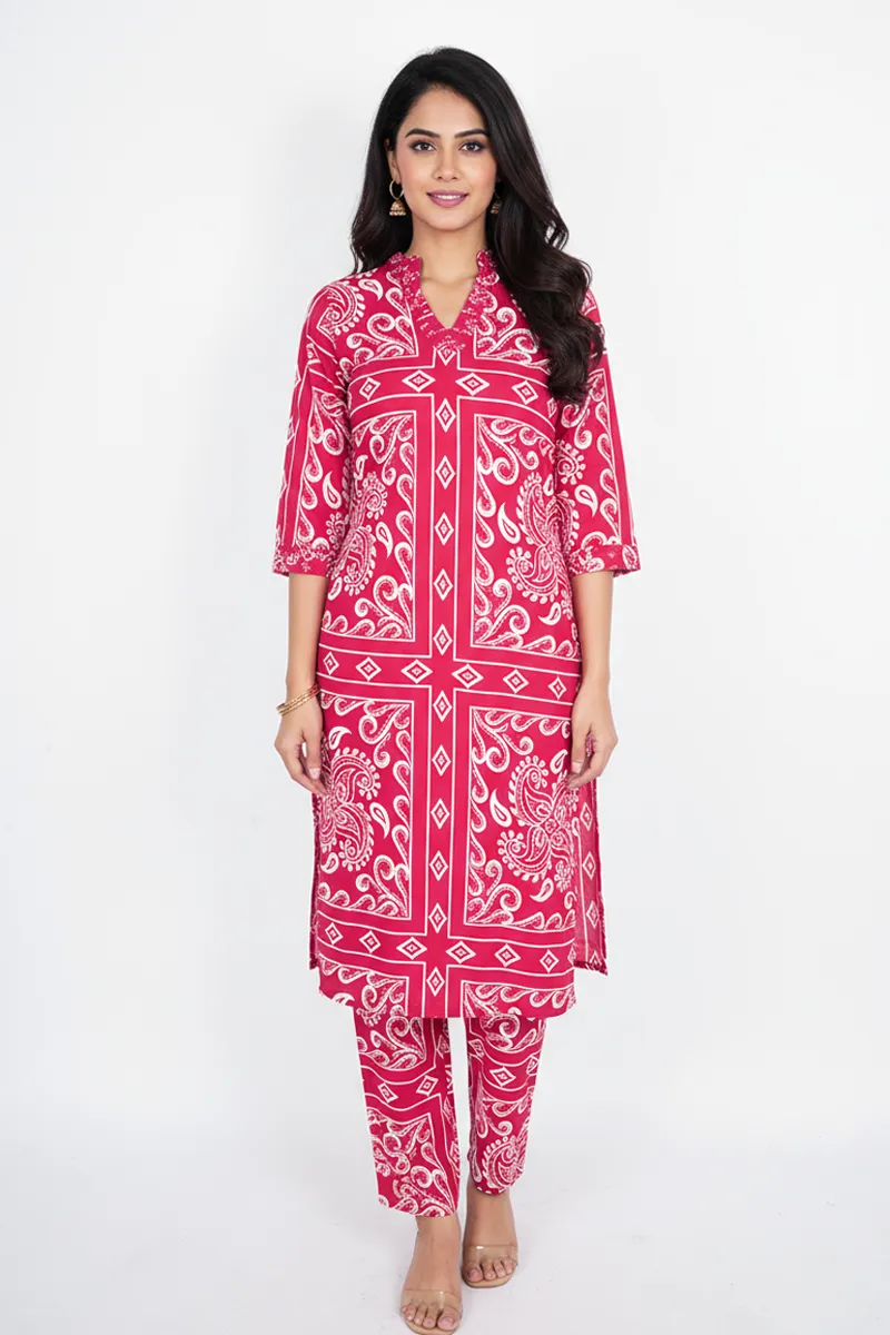 Rayon Paisley Printed Kurti with Pant Set for Women CLW00214PINXXL