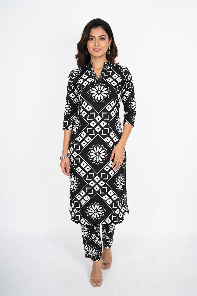 Rayon Printed Kurti with Pant Set for Women CLW00216BLAM