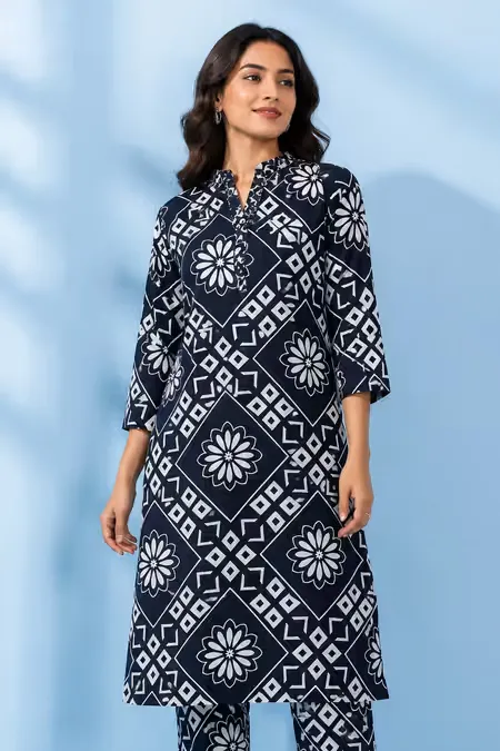 Rayon Printed Kurti with Pant Set for Women CLW00216NAVBLUXXL