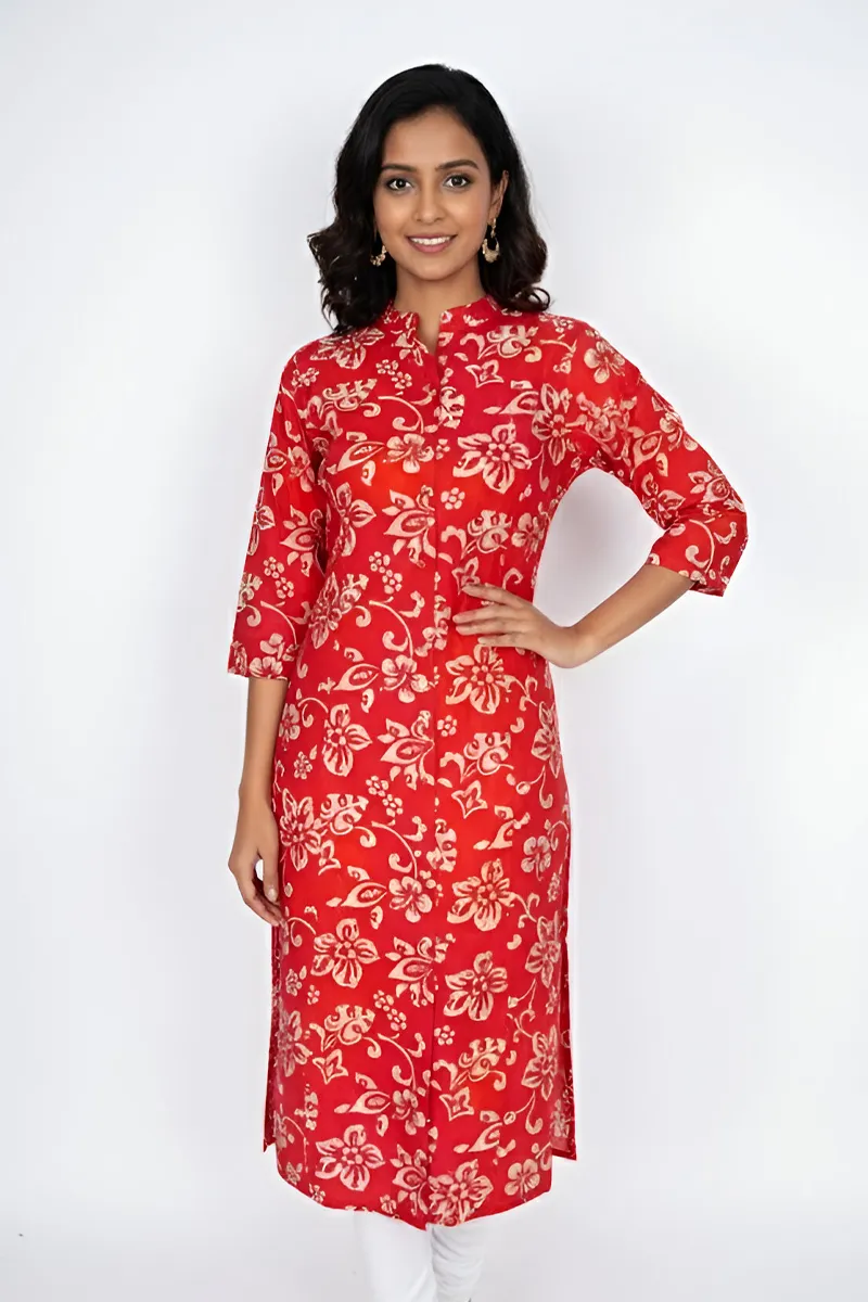 Cotton Floral Printed Kurti for Women CLW00218REDXXL - Red kurti - XXL kurti