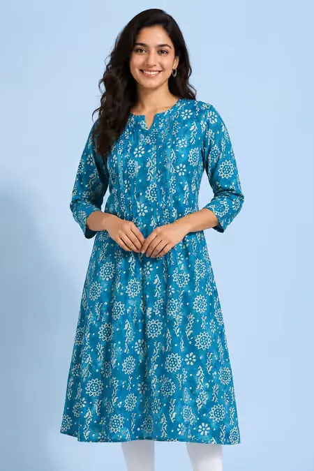 Rayon Floral Printed Kurti for Women CLW00235BLUXL - Blue kurti - XL kurti