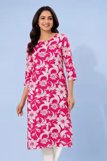 Rayon Floral Printed Kurti for Women CLW00240PINXXL - Pink kurti - XXL kurti