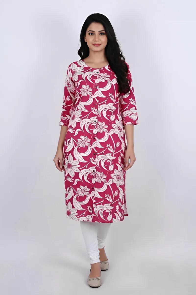 Rayon Floral Printed Kurti for Women CLW00240PINXL - Pink kurti - XL kurti