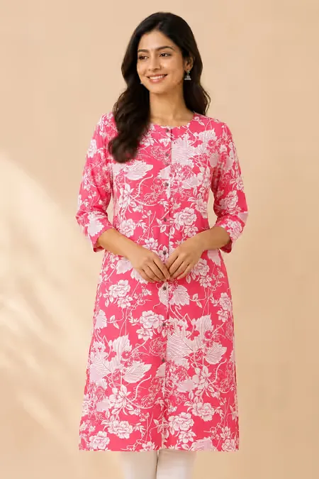 Rayon Floral Printed Kurti for Women CLW00241PINXL - Pink kurti - XL kurti