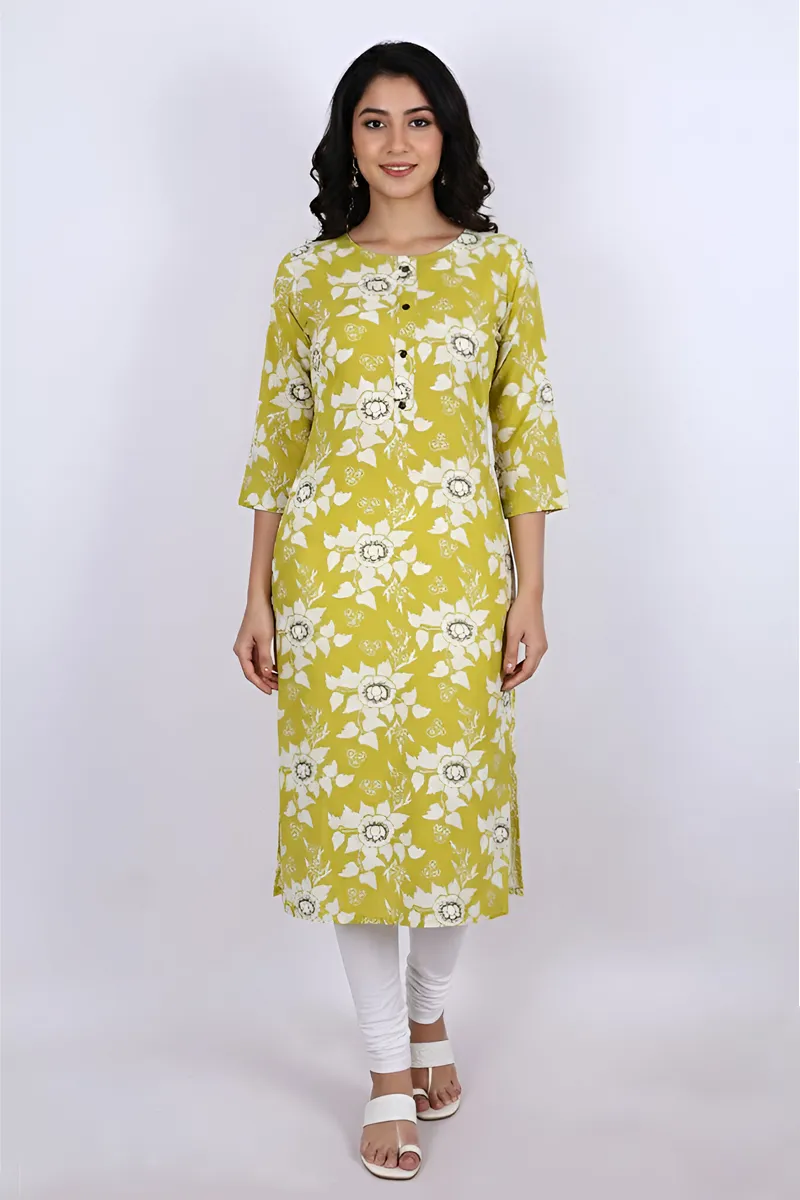 Rayon Floral Printed Kurti for Women CLW00248LIMEGREM