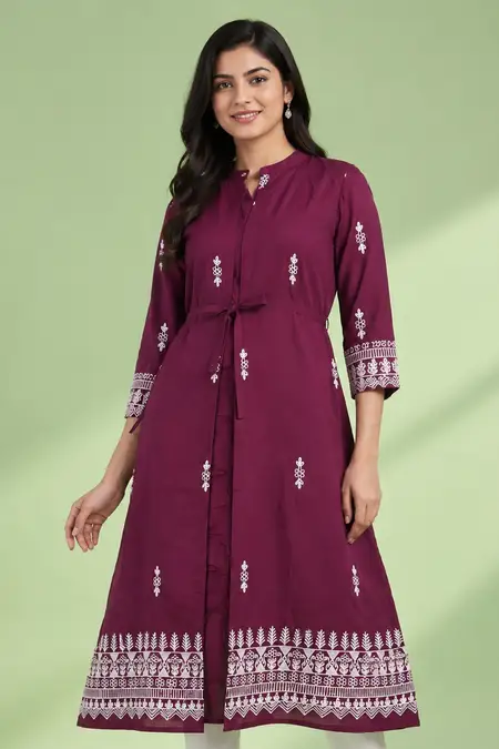 Cotton Embroidered A-line Jacket Kurta for Women