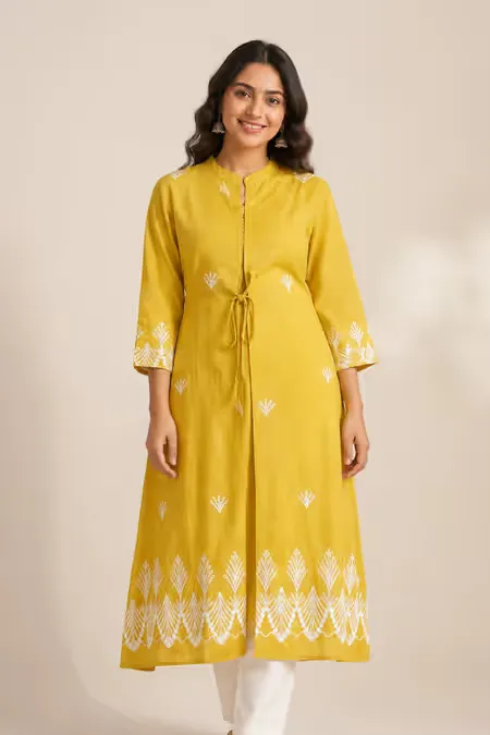 Cotton Embroidered A-line Jacket Kurta for Women CLW00265LIMYELL