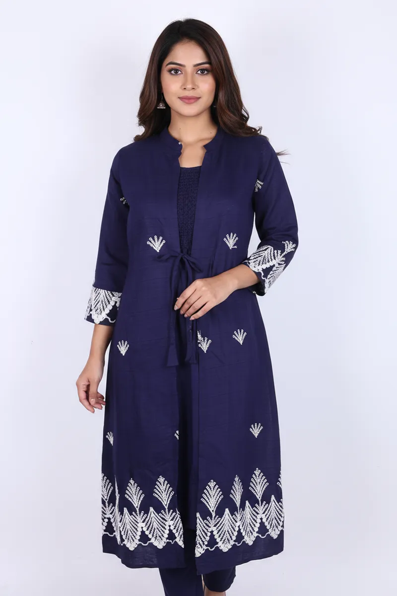 Cotton Embroidered A-line Jacket Kurta for Women CLW00265NAVBLUXL