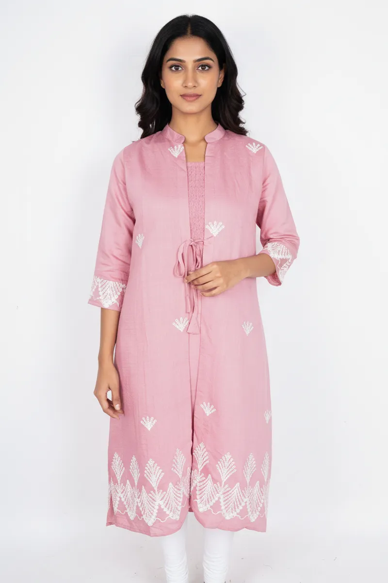 Cotton Embroidered A-line Jacket Kurta for Women CLW00265PEAL