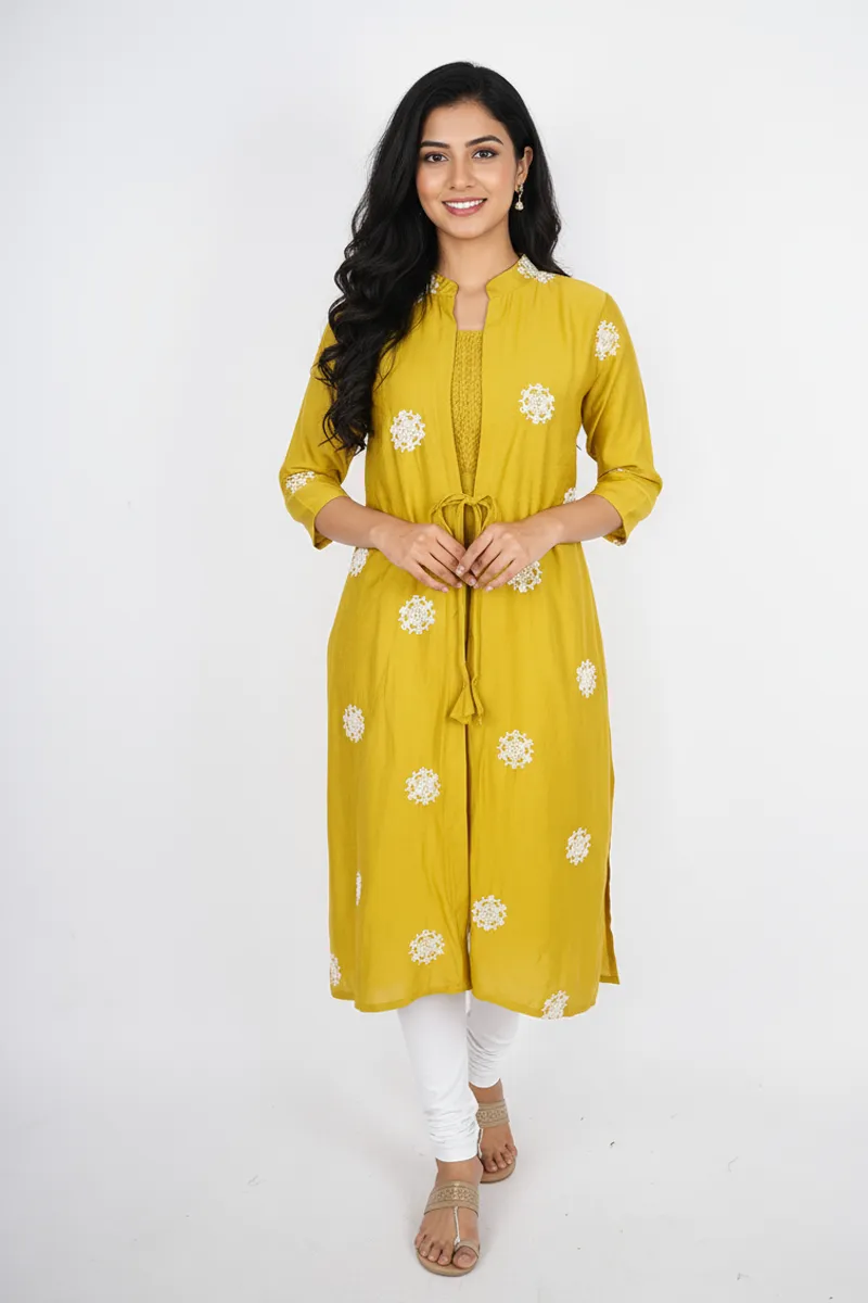 Cotton Embroidered A-line Jacket Kurta for Women