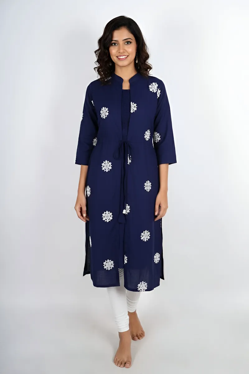 Cotton Embroidered A-line Jacket Kurta for Women
