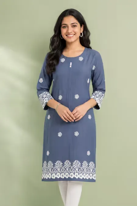Cotton Blend Embroidered Kurti for Women CLW00268BLUGREXXL