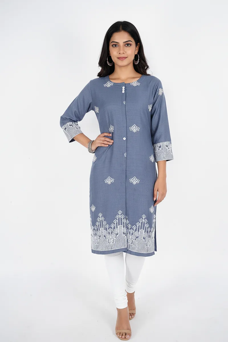 Cotton Blend Embroidered Kurti for Women CLW00269BLUGREXXL