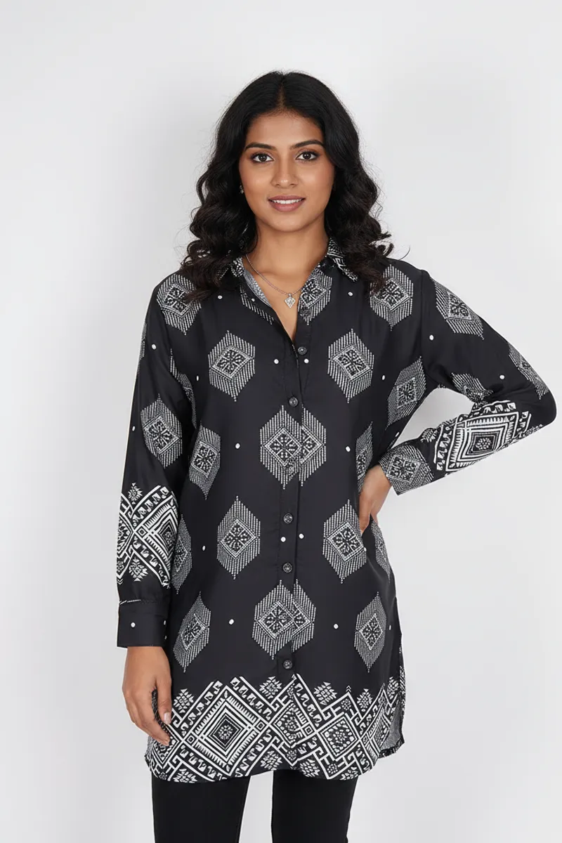 Rayon Geometric Printed Shirt Style Top for Women CLW00270BLAXXL