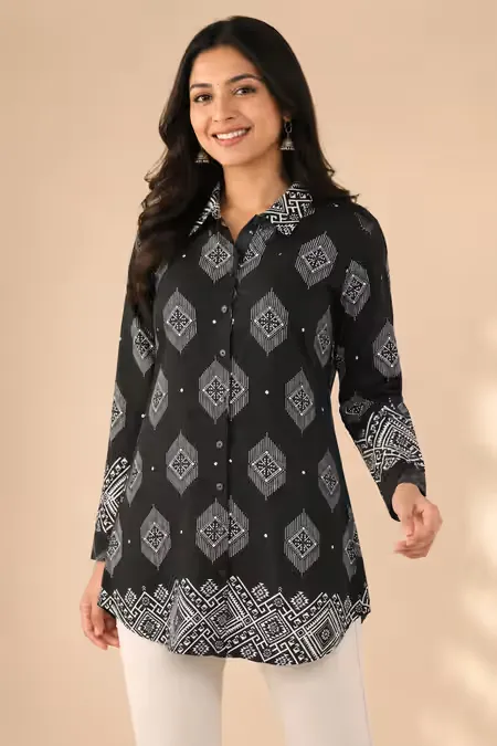 Rayon Geometric Printed Shirt Style Top for Women CLW00270BLAXXL