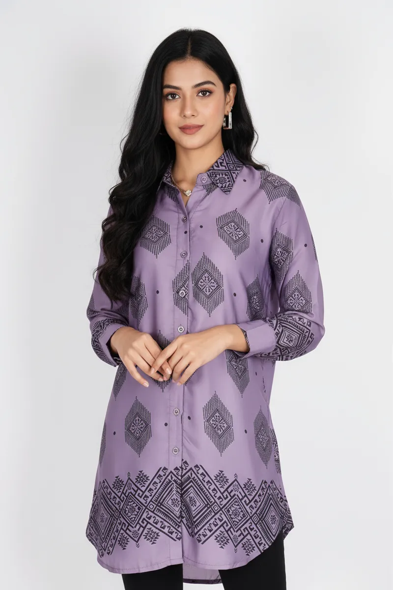 Rayon Geometric Printed Shirt Style Top for Women CLW00270PURXL