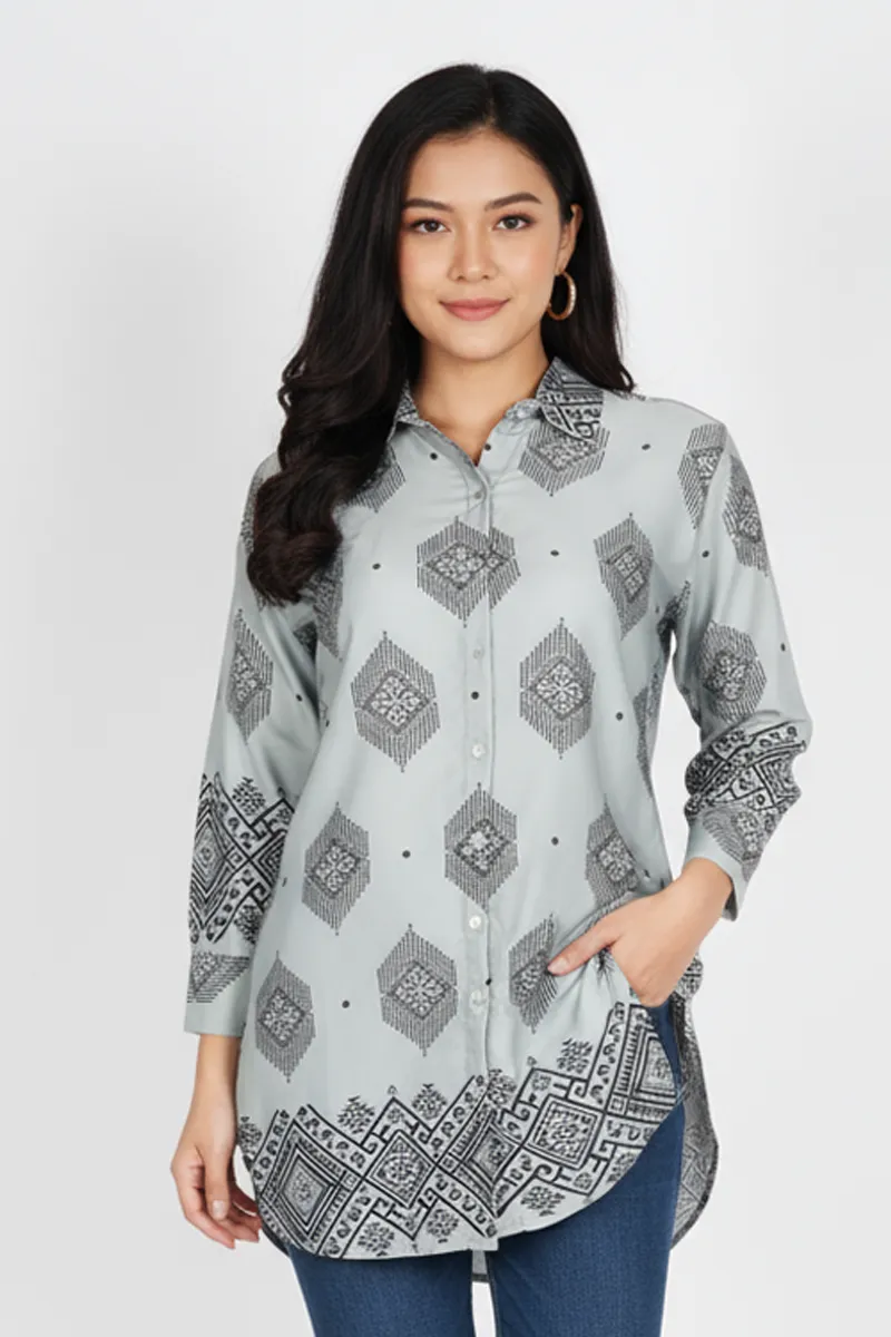 Rayon Geometric Printed Shirt Style Top for Women 