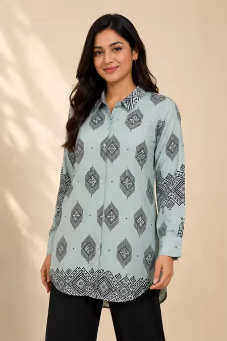 Rayon Geometric Printed Shirt Style Top for Women CLW00270SAGXL