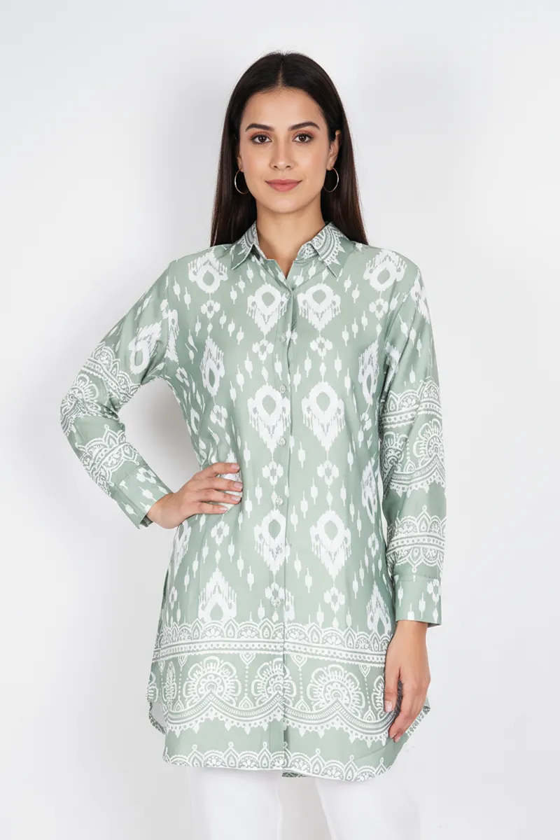 Rayon Ikat Printed Shirt Style Top for Women CLW00271GREL