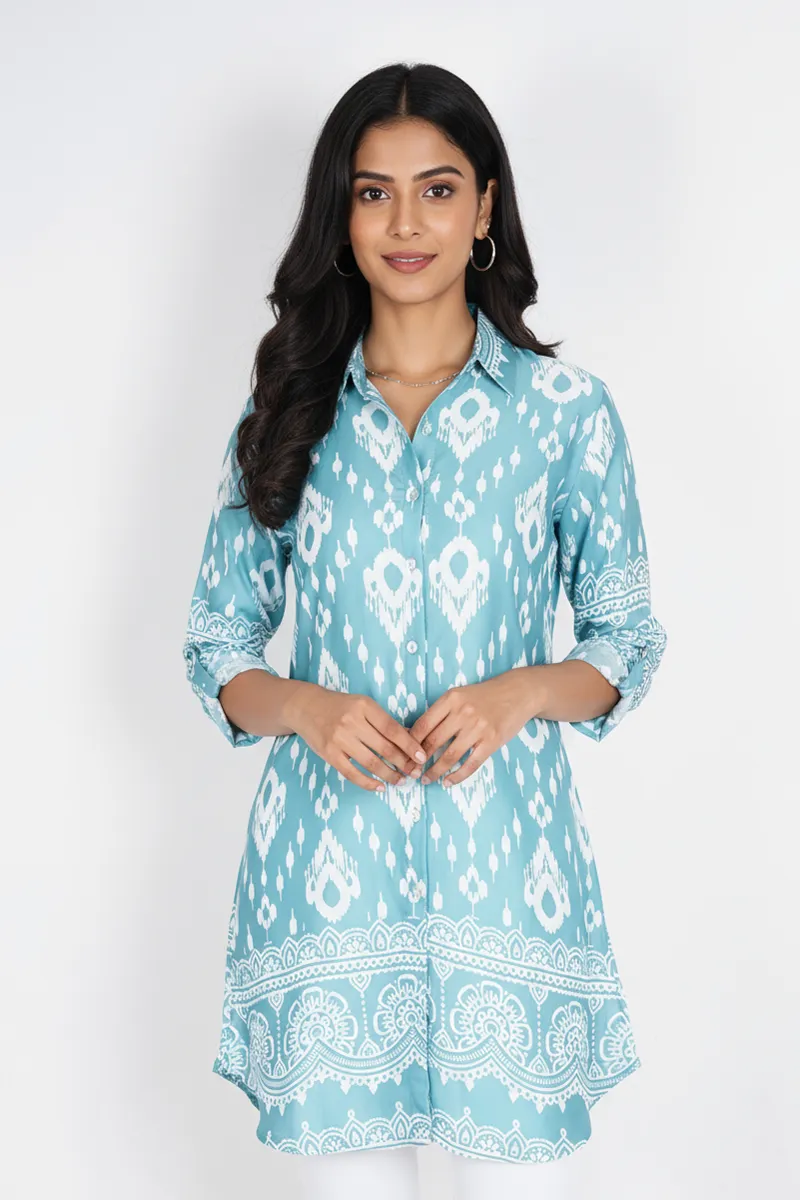 Rayon Ikat Printed Shirt Style Top for Women CLW00271SEAGREXXL