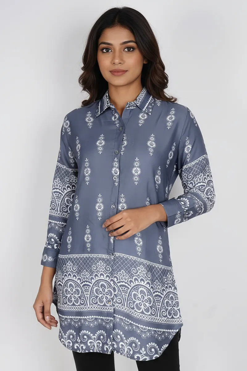 Rayon Floral Printed Shirt Style Top for Women CLW00272BLUGREXXL
