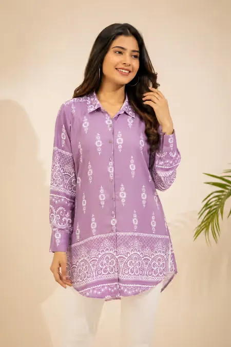 Rayon Floral Printed Shirt Style Top for Women CLW00272PURXXL