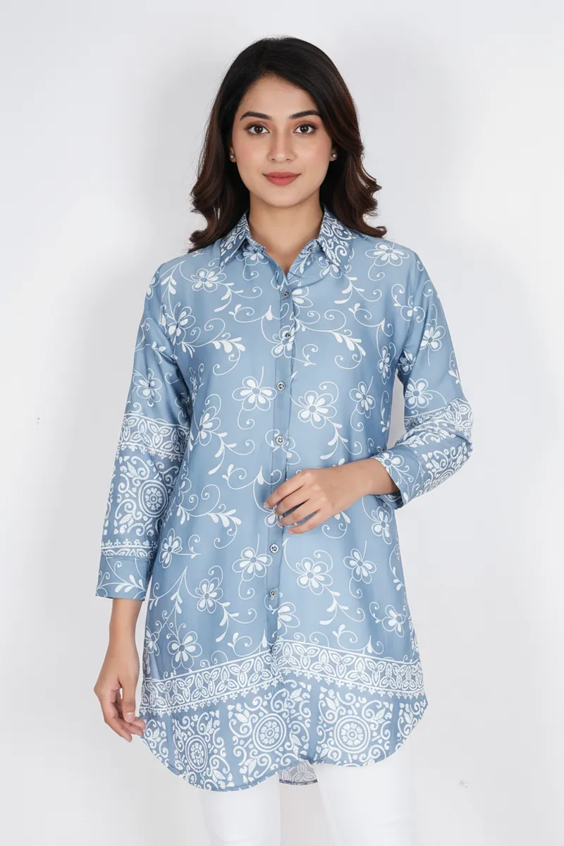 Rayon Floral Printed Shirt Style Top for Women CLW00273GRE2XL