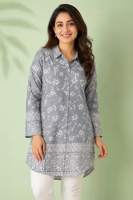 Rayon Floral Printed Shirt Style Top for Women CLW00273GRE2XXL