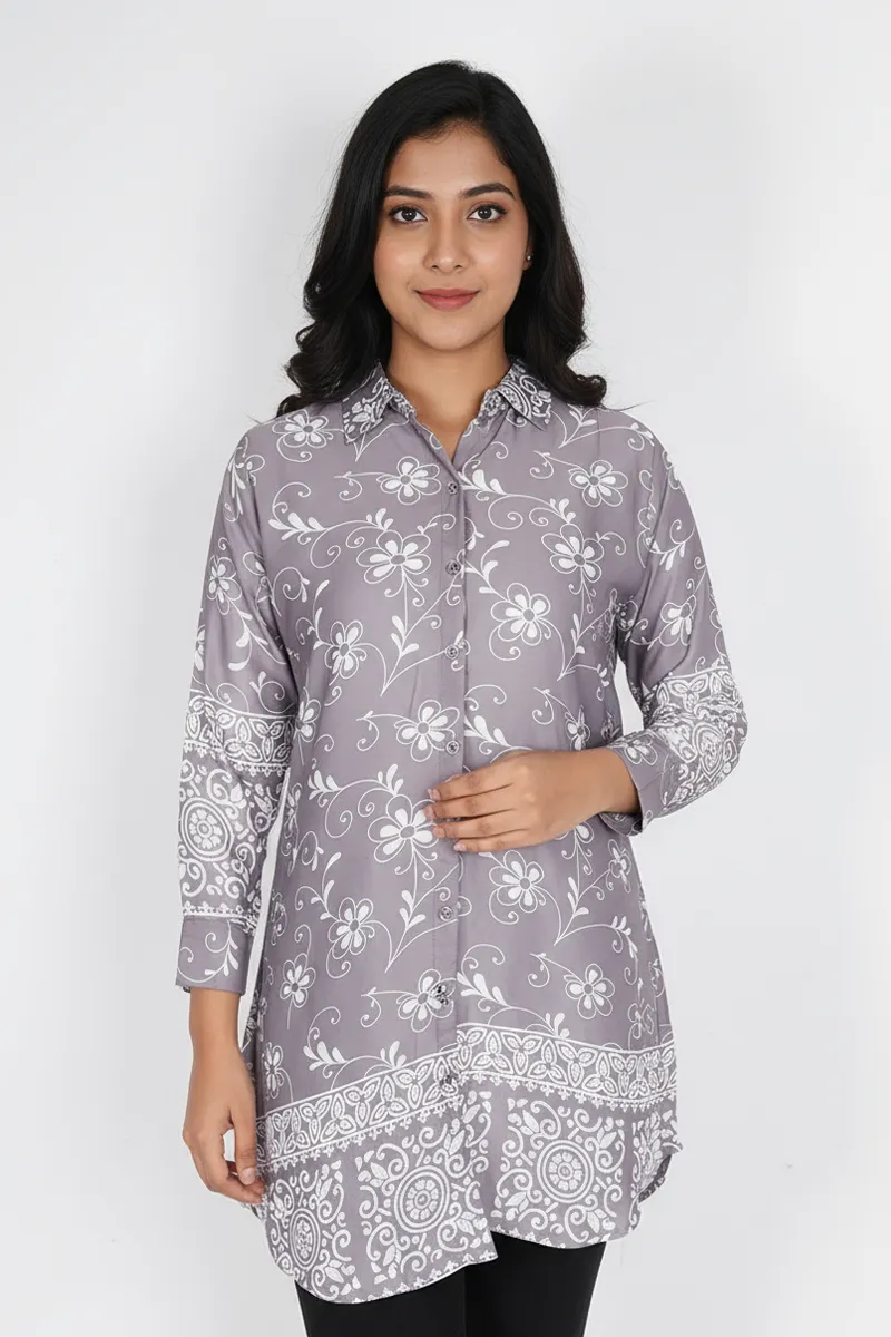 Rayon Floral Printed Shirt Style Top for Women 