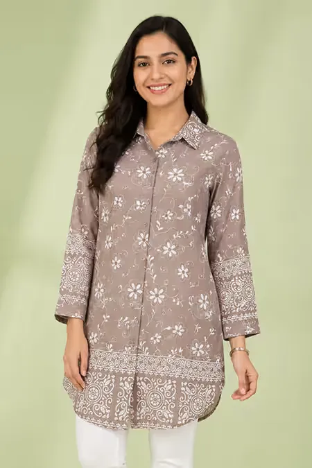Rayon Floral Printed Shirt Style Top for Women CLW00273LIGBROXXL