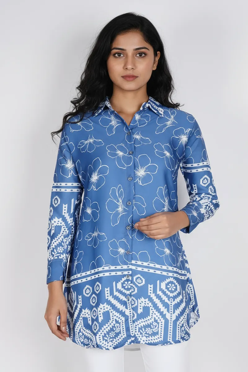 Rayon Floral Printed Shirt Style Top for Women CLW00274BLUL