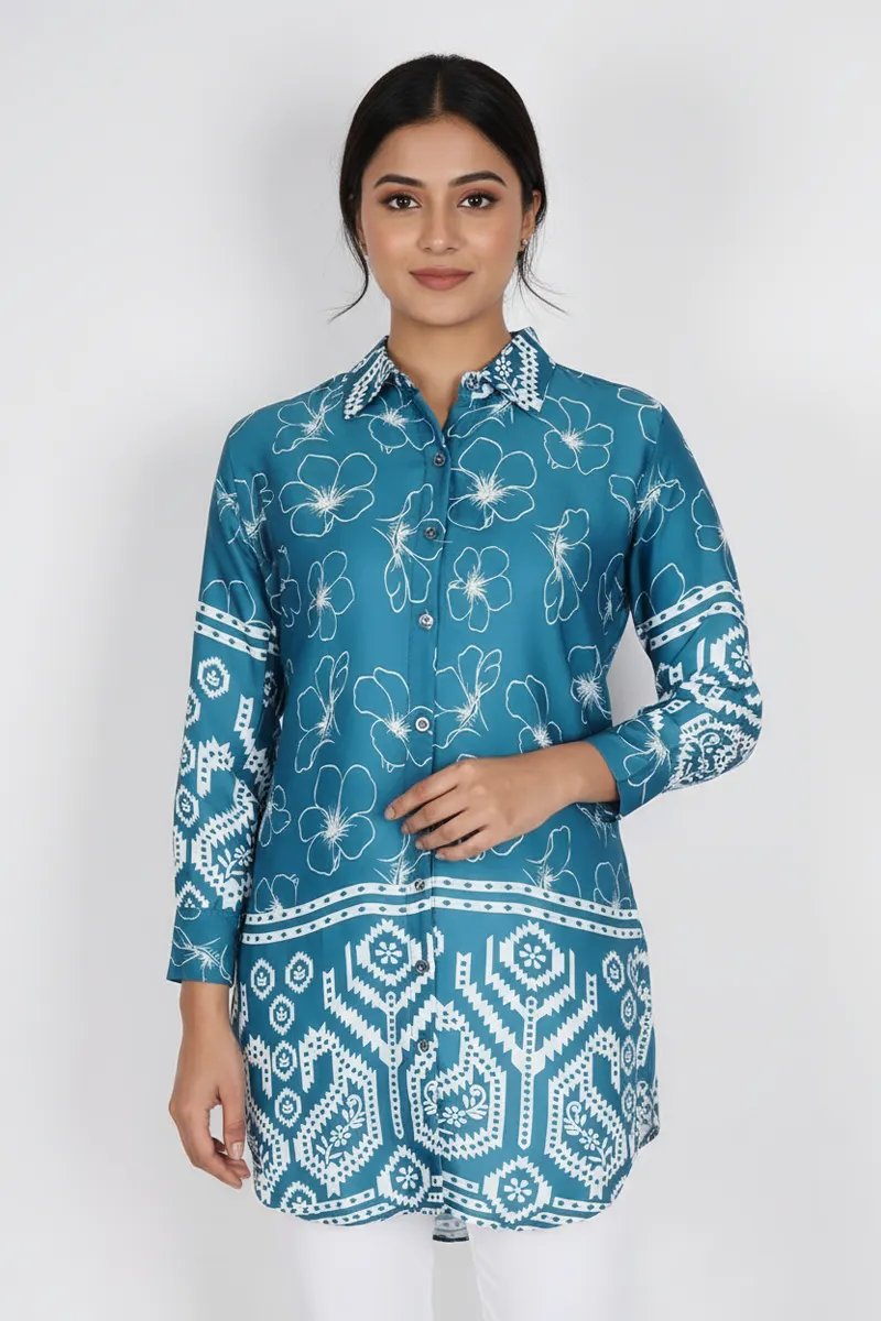 Rayon Floral Printed Shirt Style Top for Women CLW00274TEAXXL
