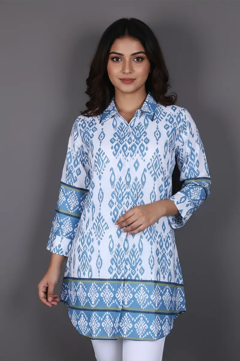 Rayon Ikat Printed Shirt Style Top for WomenCLW00275BLUXXL