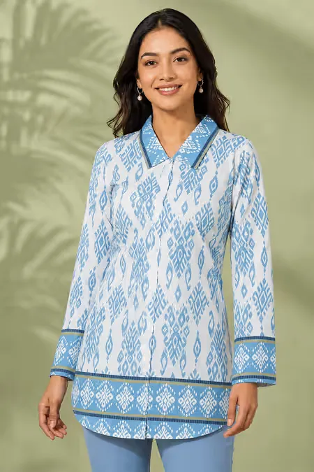 Rayon Ikat Printed Shirt Style Top for WomenCLW00275BLUL