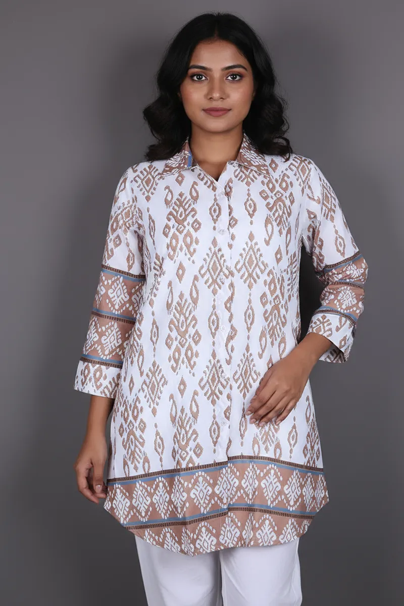 Rayon Ikat Printed Shirt Style Top for Women