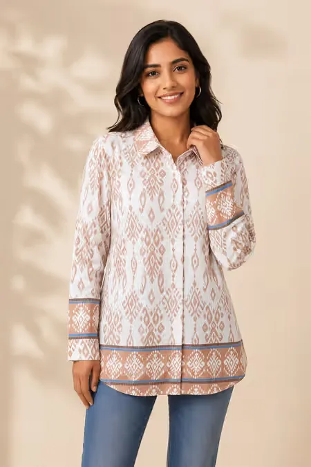 Rayon Ikat Printed Shirt Style Top for WomenCLW00275BROXXL