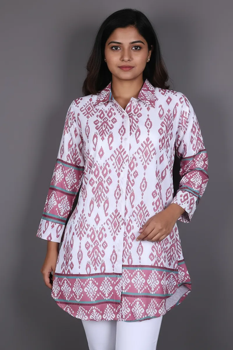Rayon Ikat Printed Shirt Style Top for WomenCLW00275DUSPINL