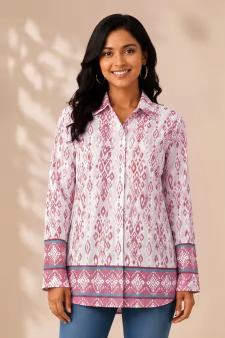 Rayon Ikat Printed Shirt Style Top for WomenCLW00275DUSPINXXL