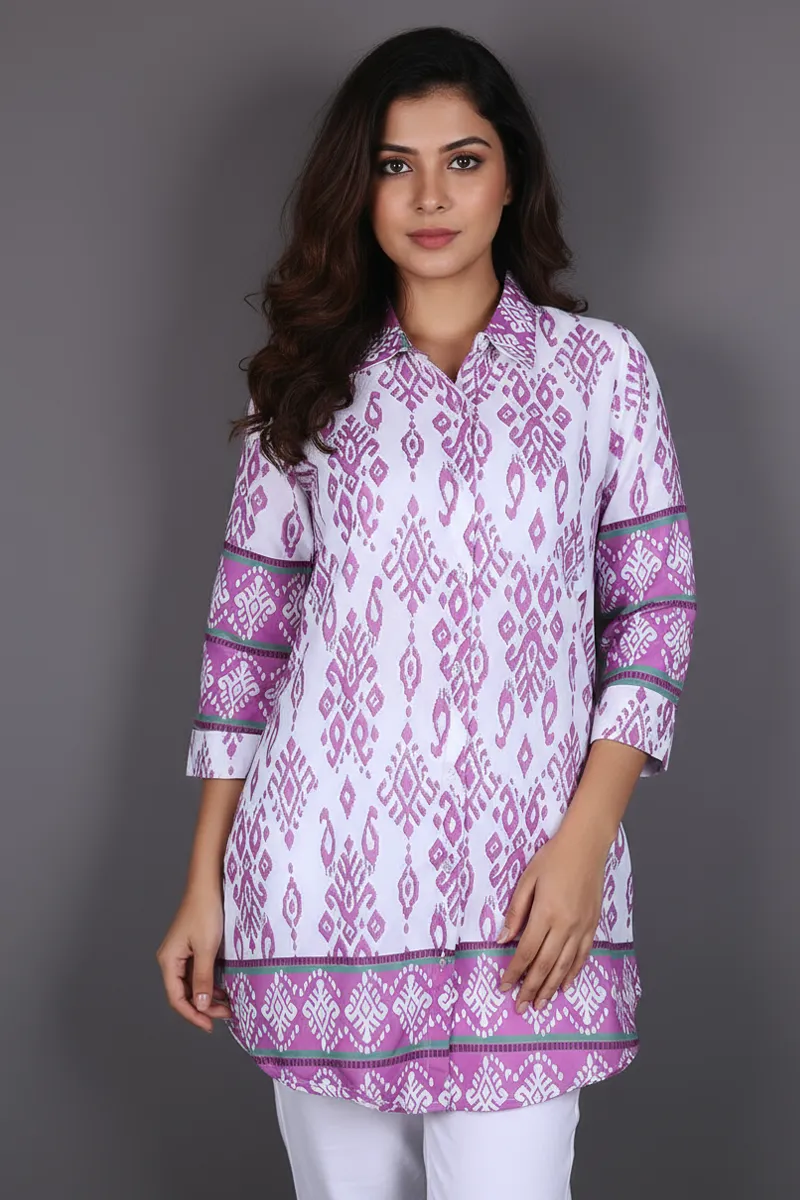 Rayon Ikat Printed Shirt Style Top for WomenCLW00275PINXXL