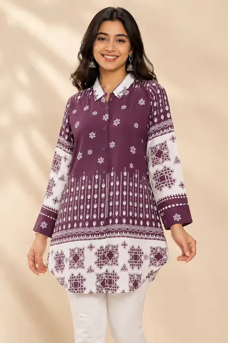 Rayon Floral Printed Shirt Style Top for WomenCLW00276BURL