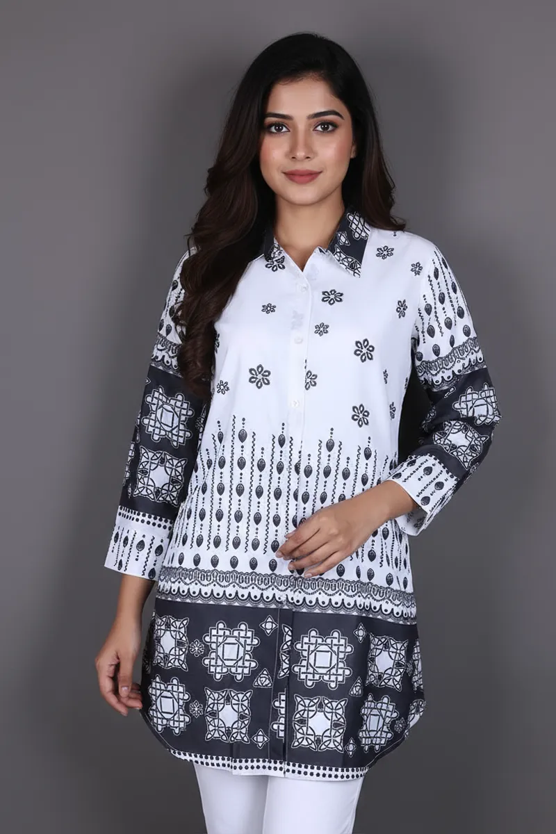 Rayon Floral Printed Shirt Style Top for WomenCLW00276WHIL