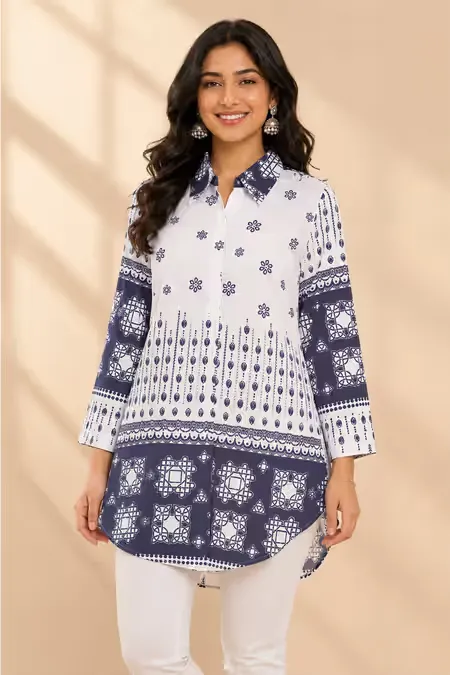 Rayon Floral Printed Shirt Style Top for WomenCLW00276WHIXXL