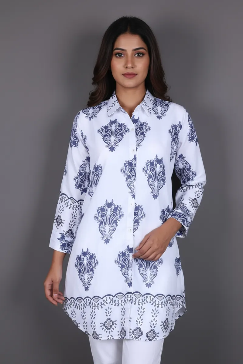 Rayon Paisley Printed Shirt Style Top for WomenCLW00277BLUL