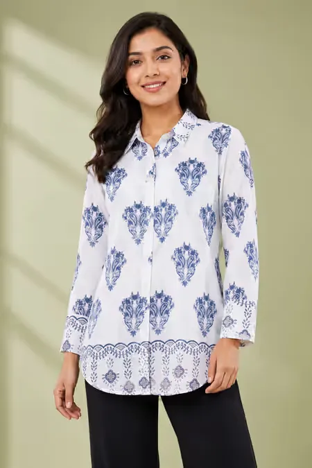 Rayon Paisley Printed Shirt Style Top for WomenCLW00277BLUXL
