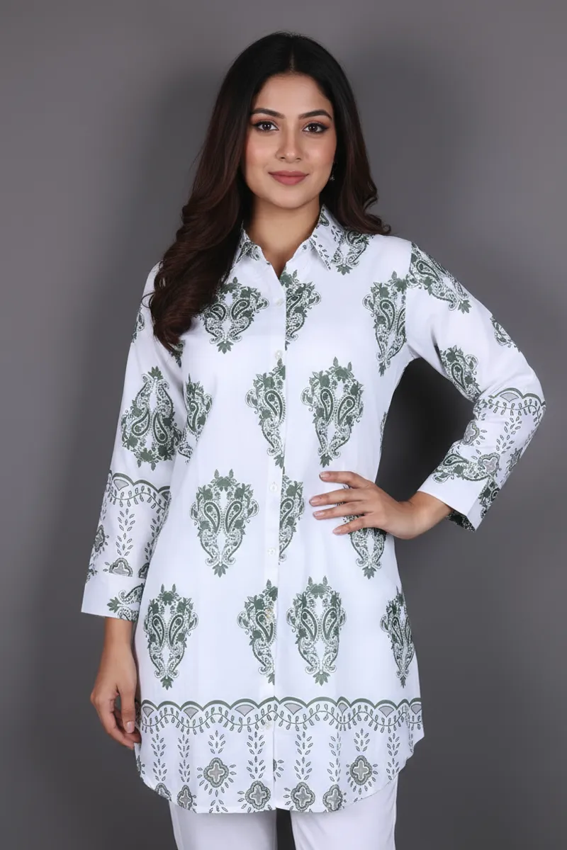 Rayon Paisley Printed Shirt Style Top for Women