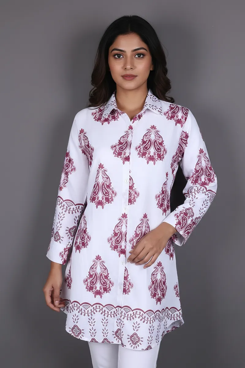 Rayon Paisley Printed Shirt Style Top for WomenCLW00277MAGXXL