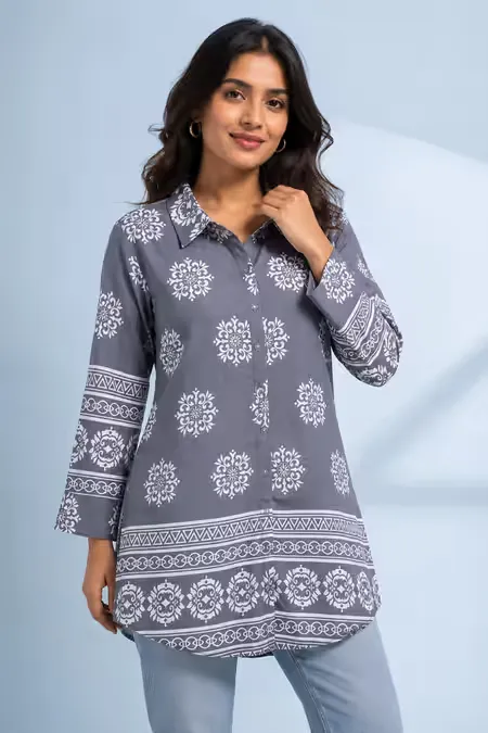 Rayon Floral Printed Shirt Style Top for Women CLW00278GRE2XL